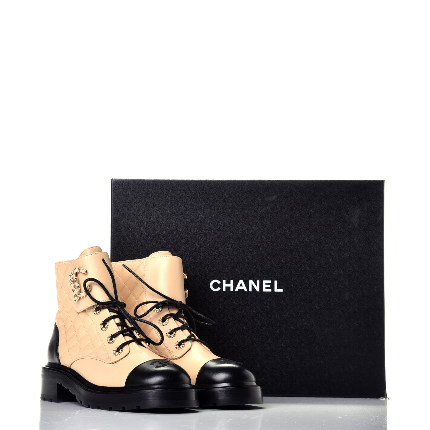 Chanel Lambskin Calfskin Quilted Lace Up Combat Boots 39.5 Beige Black 7 of 7