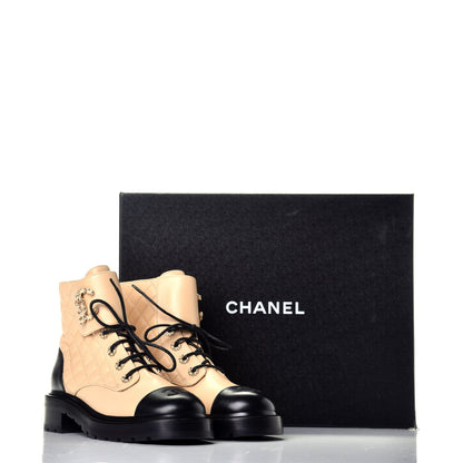 Chanel Lambskin Calfskin Quilted Lace Up Combat Boots 39.5 Beige Black 7 of 7