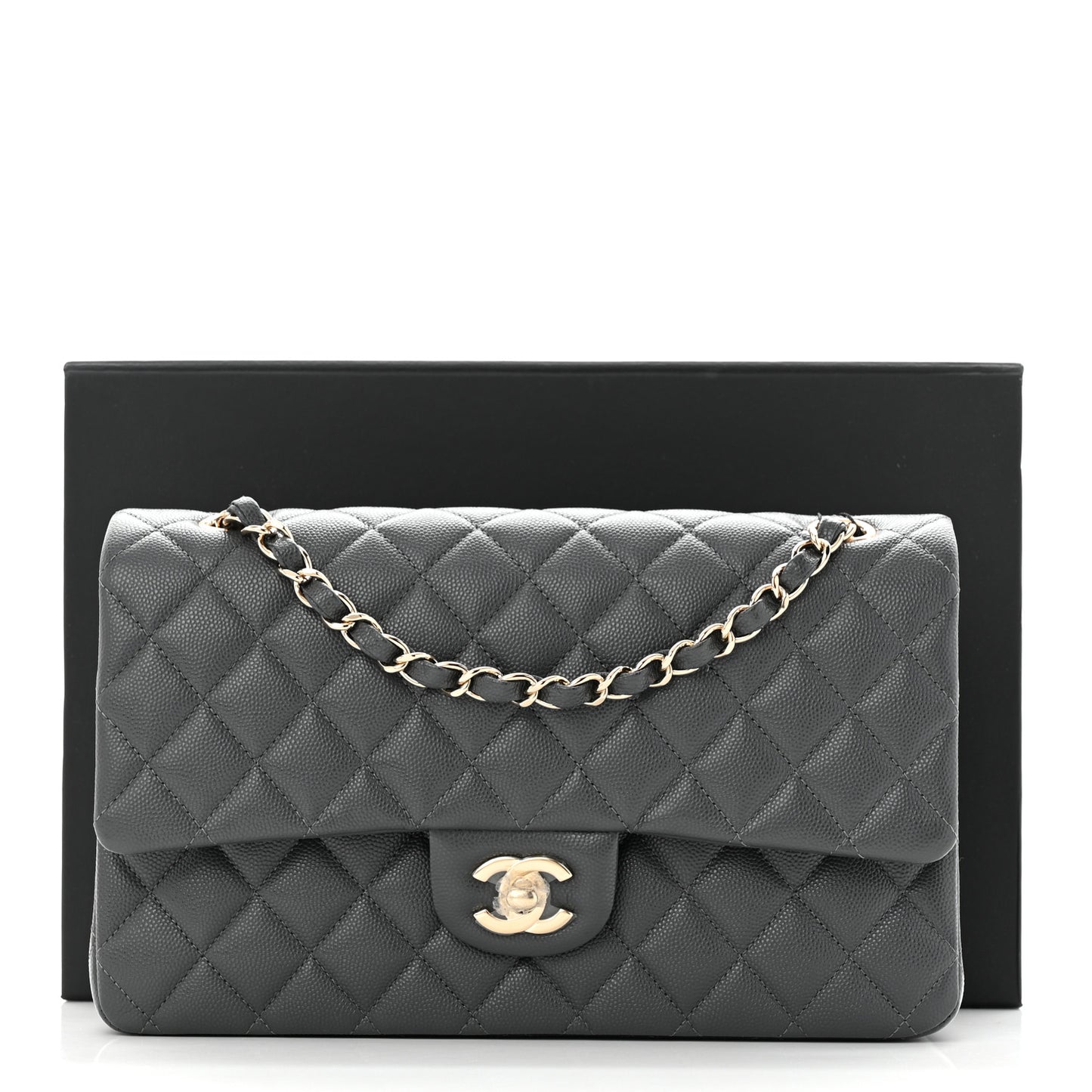 Caviar Quilted Medium Double Flap Dark Grey