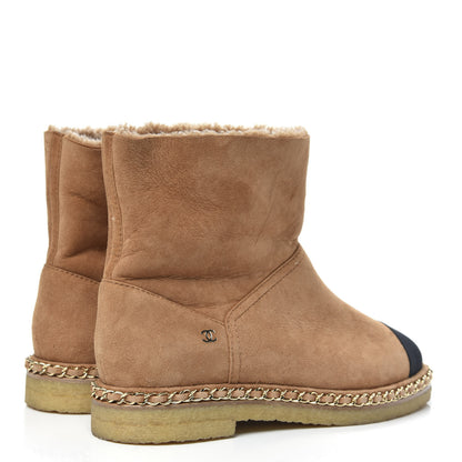 Chanel Kid Suede Shearling Womens Cap Toe Chain Short Boots 40 Light Brown Black 4 of 7