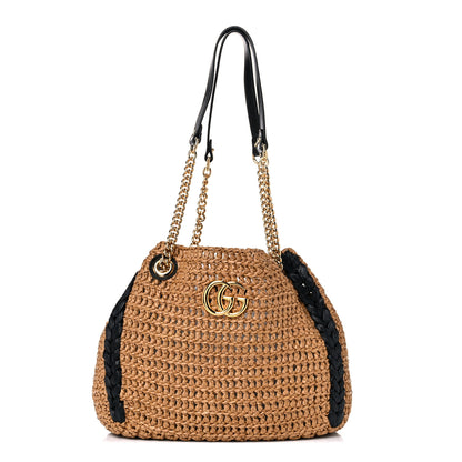 Gucci Raffia Effect Medium GG Marmont Shoulder Tote Bag Natural Black 1 of 11