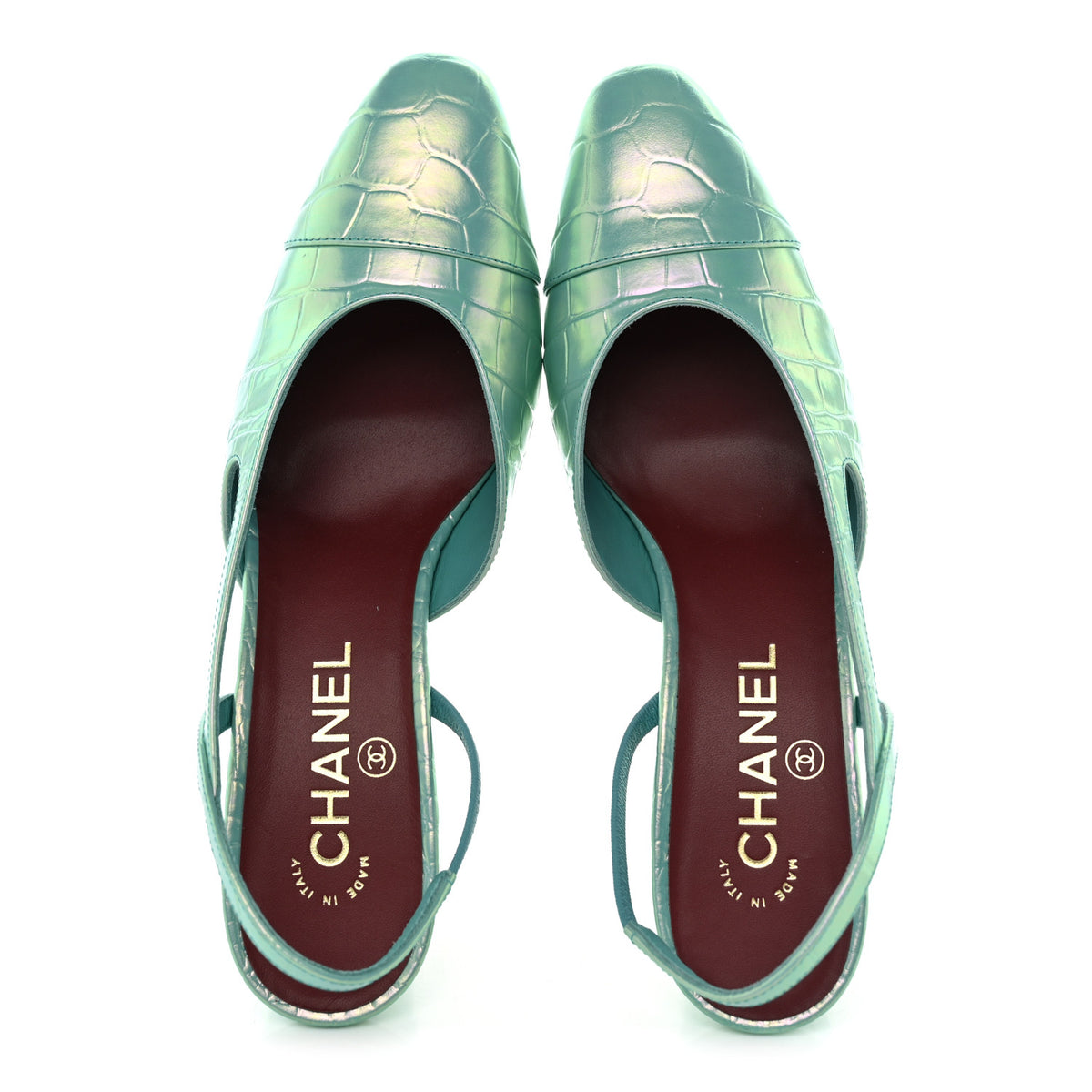 Chanel Iridescent Embossed Patent CC Cap Toe CC Slingback Pumps 37.5 Turquoise 2 of 10