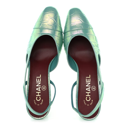 Chanel Iridescent Embossed Patent CC Cap Toe CC Slingback Pumps 37.5 Turquoise 2 of 10
