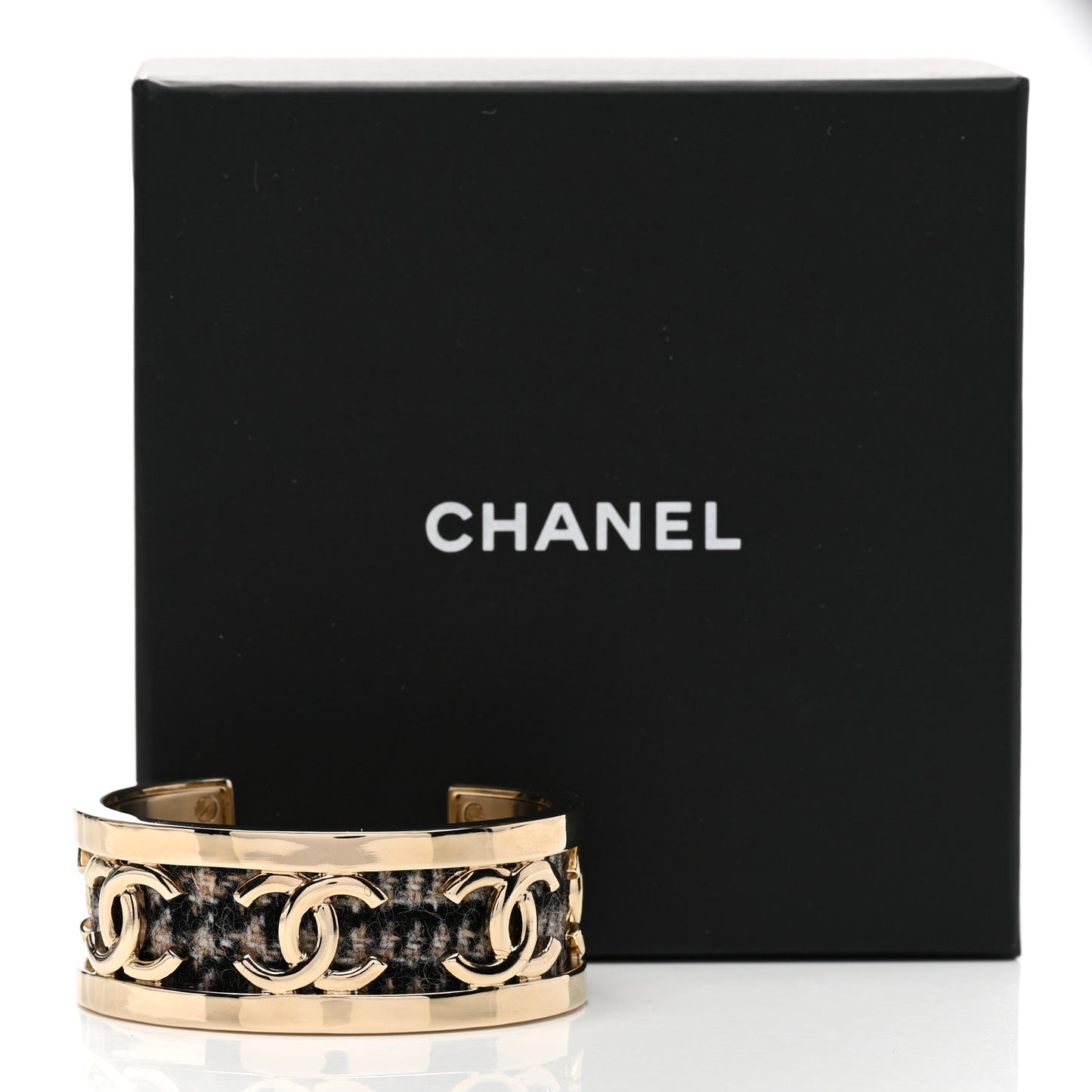 CC Tweed Cuff Bracelet S Gold Beige Black