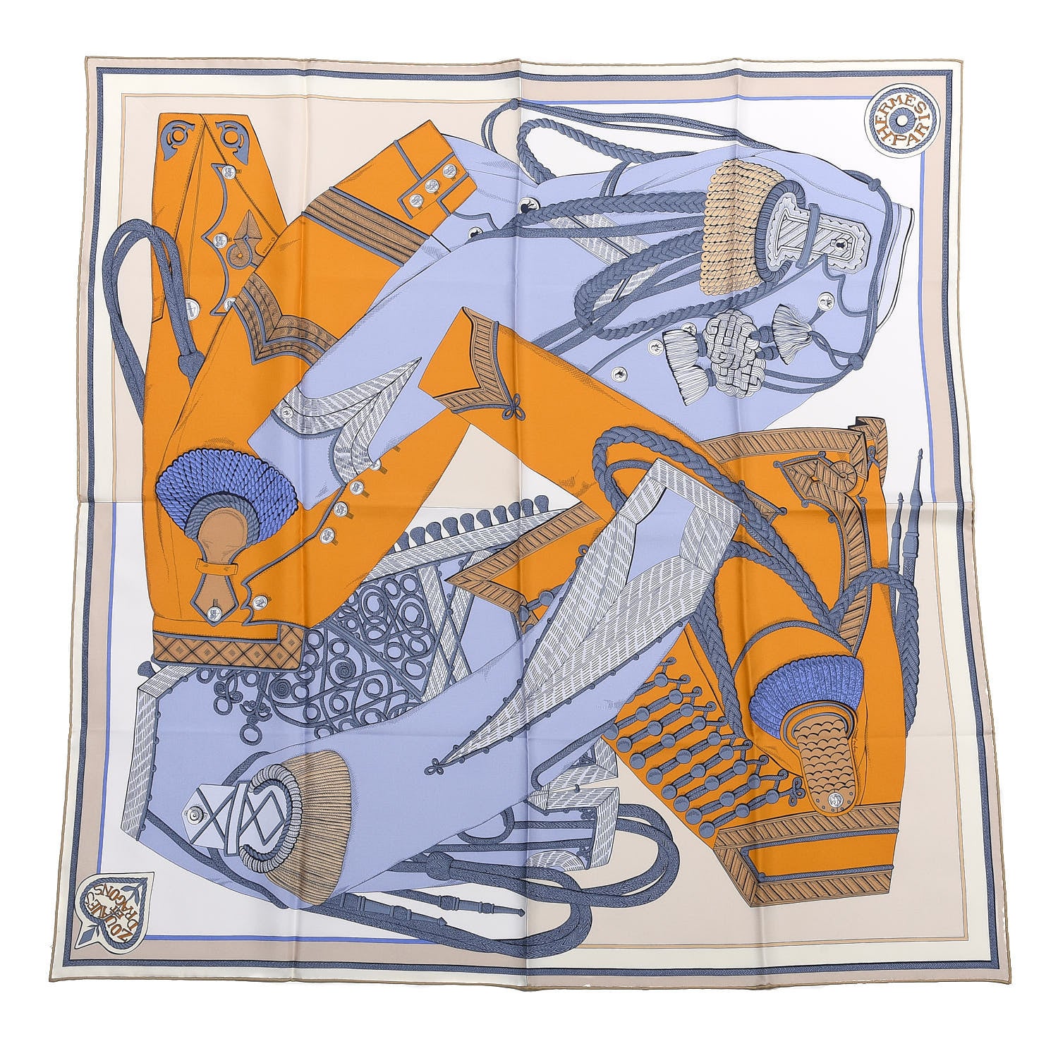 Hermes Silk Zouaves Et Dragons Scarf 90 Lavande Gold Beige 1 of 3