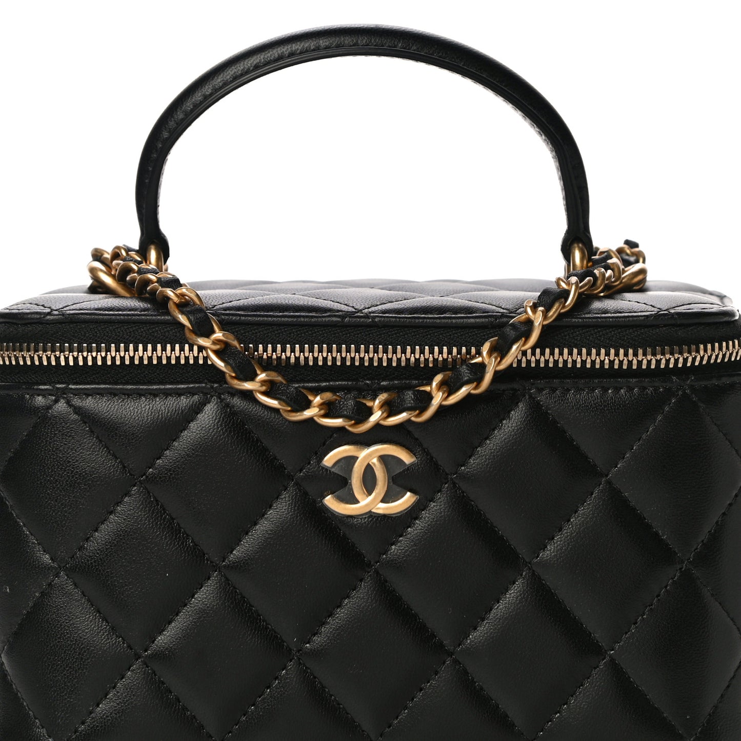 Lambskin Quilted Small Top Handle Vanity Case With Chain Black