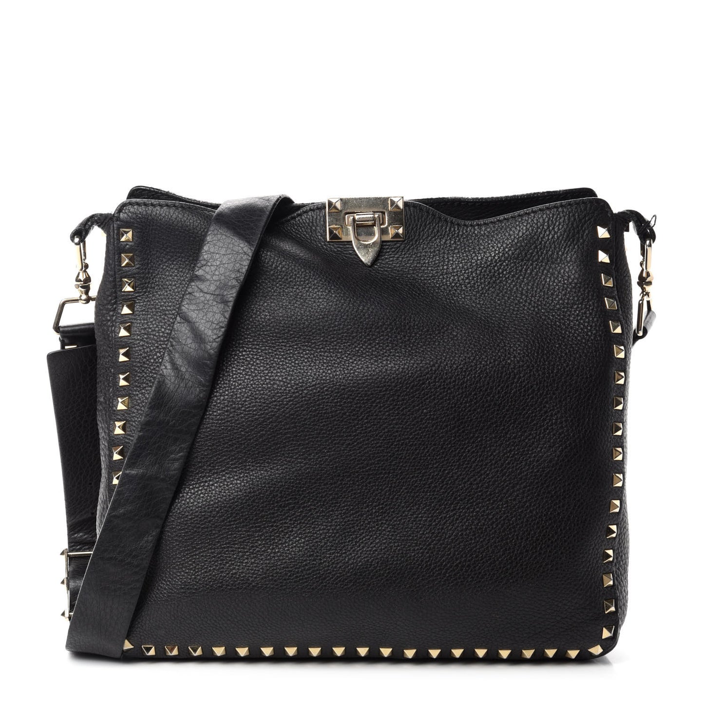 Pebbled Calfskin Large Rockstud Flip-Lock Messenger Bag Black