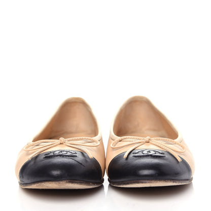Chanel Lambskin Cap Toe CC Ballerina Flats 38.5 Beige Black 2 of 10