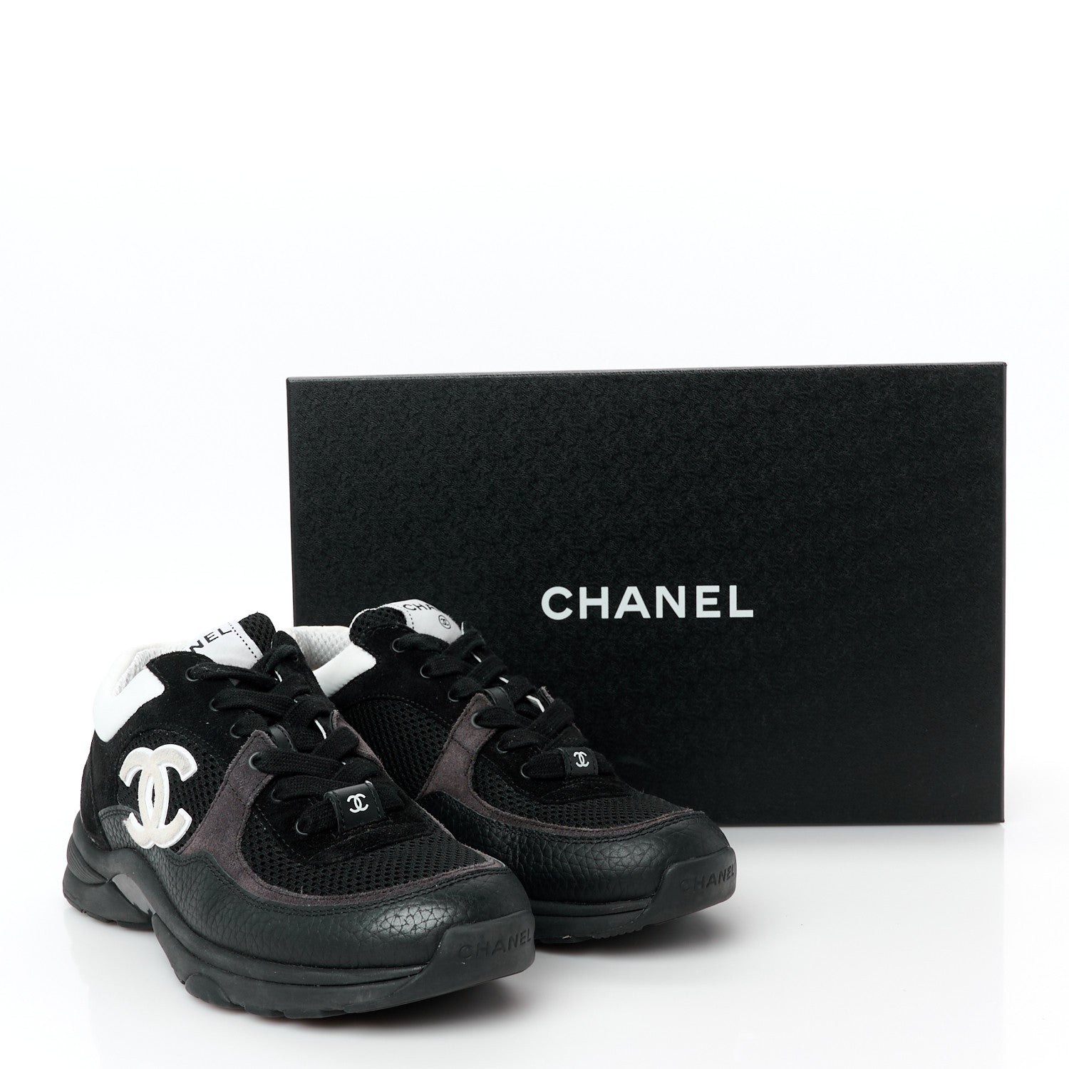 Chanel Mesh Suede Grained Calfskin Womens CC Sneakers 37.5 Black White 10 of 10