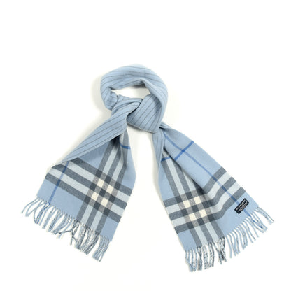 Burberry Wool Cashmere House Check Striped Fringe Scarf Blue Grey 1 of 3