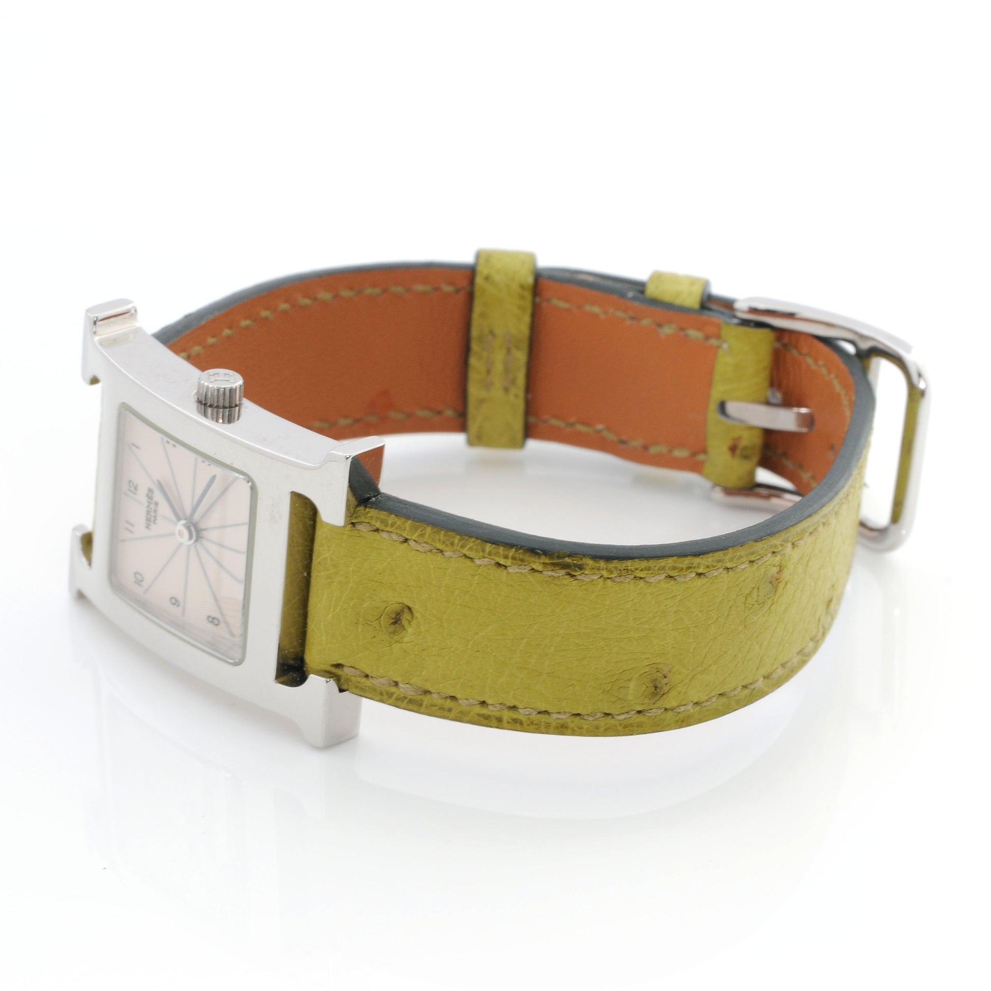 Hermes Stainless Steel Ostrich 21mm Heure H Hour Quartz Watch Vert Anis 4 of 8