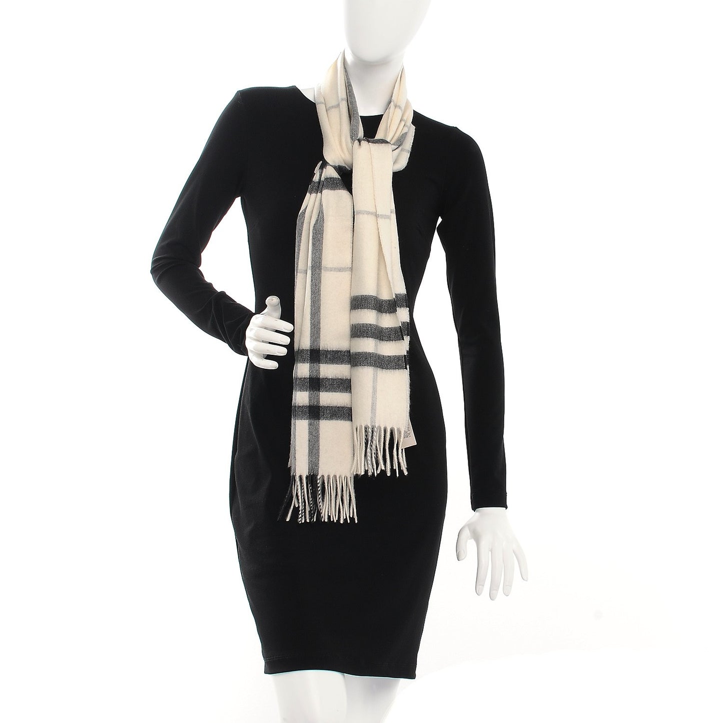 Cashmere Giant Check Fringe Scarf Natural White