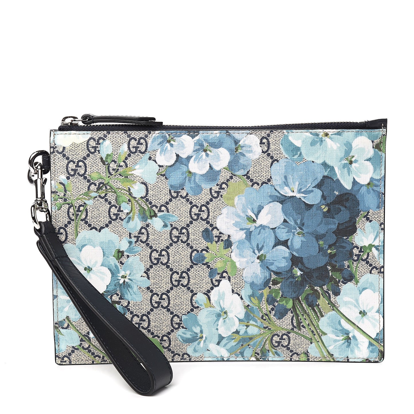 GG Supreme Monogram Blooms Small Zip Wristlet Pouch Beige Blue Black