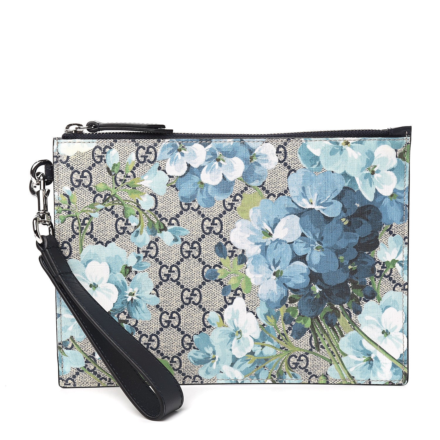 Gucci GG Supreme Monogram Blooms Small Zip Wristlet Pouch Beige Blue Black 1 of 6