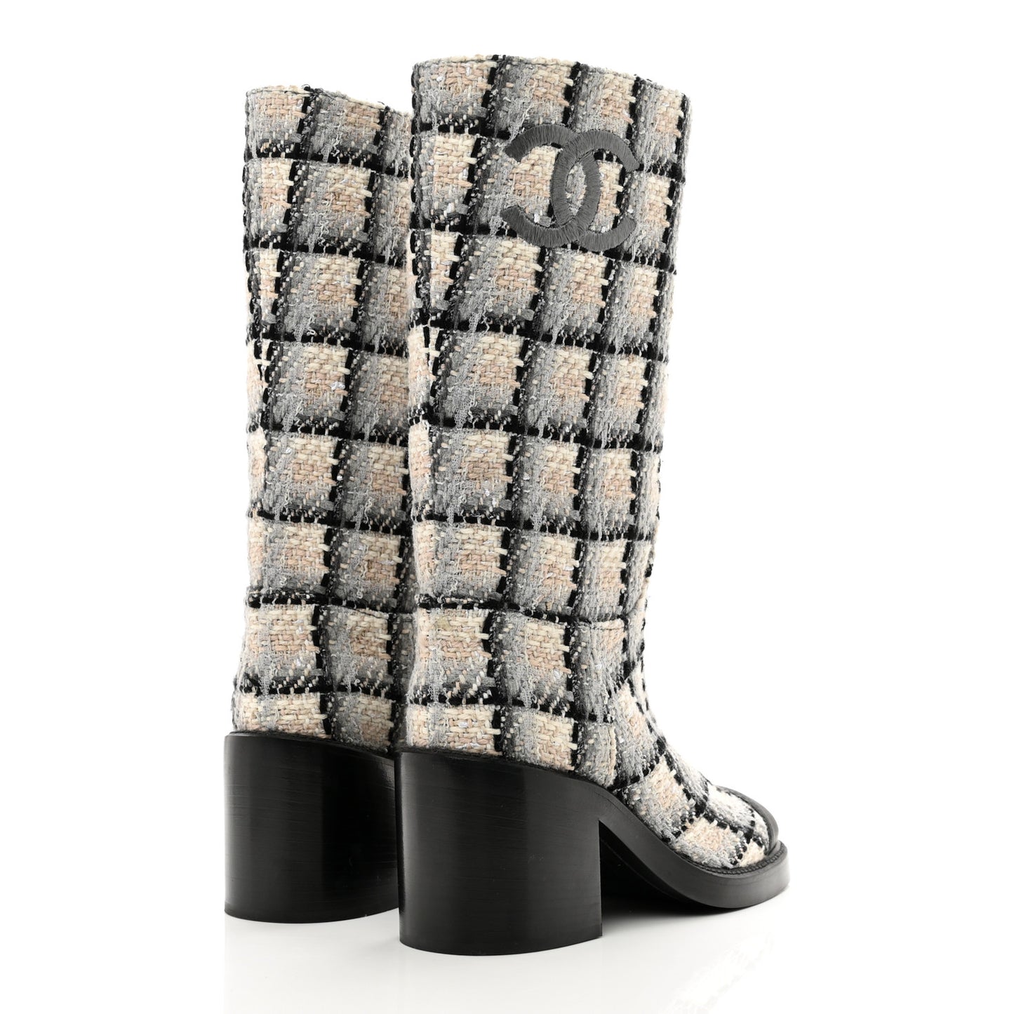 Wool Tweed Calfskin Cap Toe High Boots 36 Black Ivory Beige Grey
