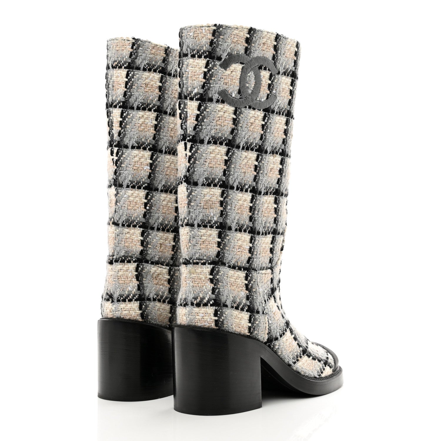 Chanel Wool Tweed Calfskin Cap Toe High Boots 36 Black Ivory Beige Grey 4 of 9