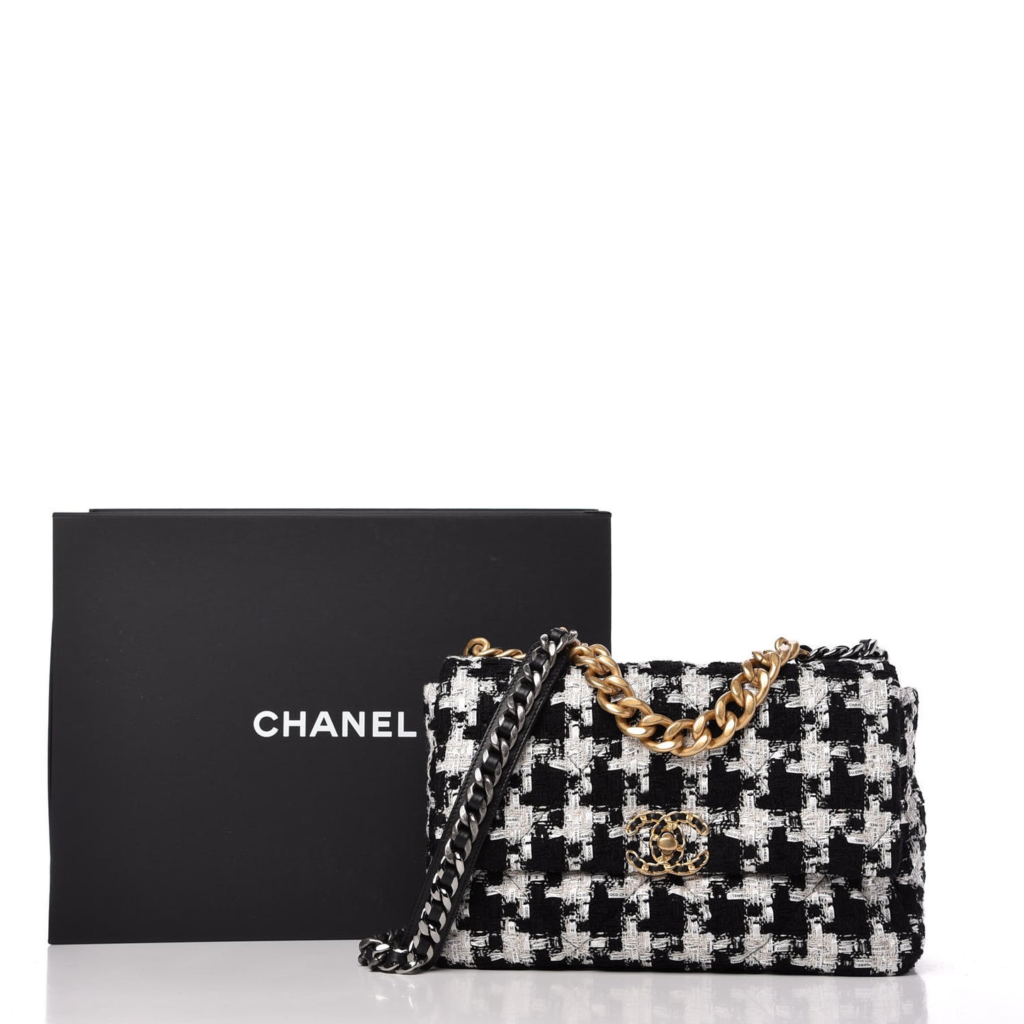 Tweed Quilted Large Chanel 19 Flap Black Ecru White