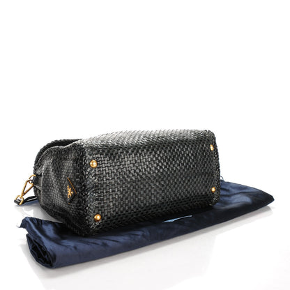 Prada Goatskin Woven Top Handle Satchel Baltico Black 4 of 7