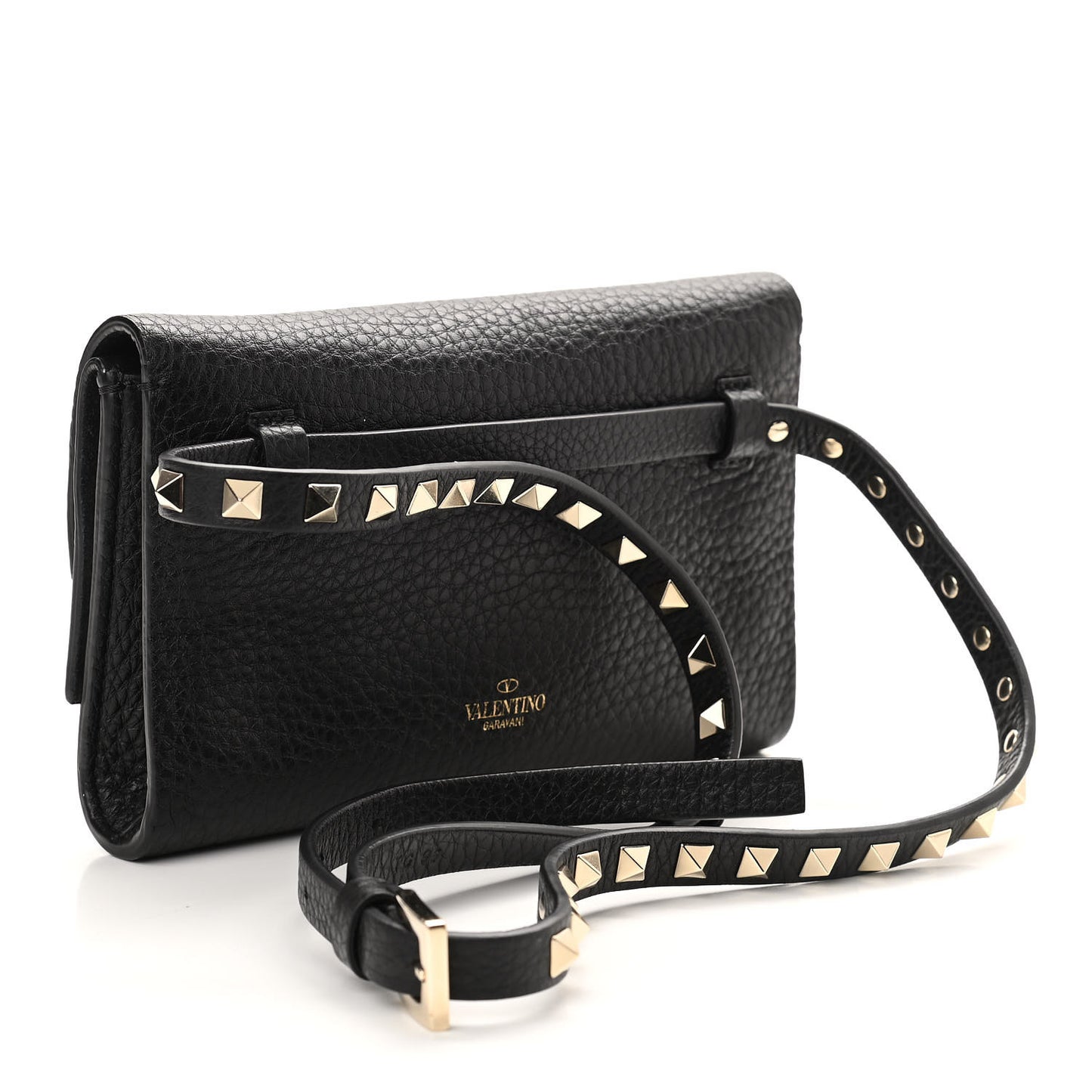 Grainy Calfskin Rockstud Double Flap Crossbody Bag Black