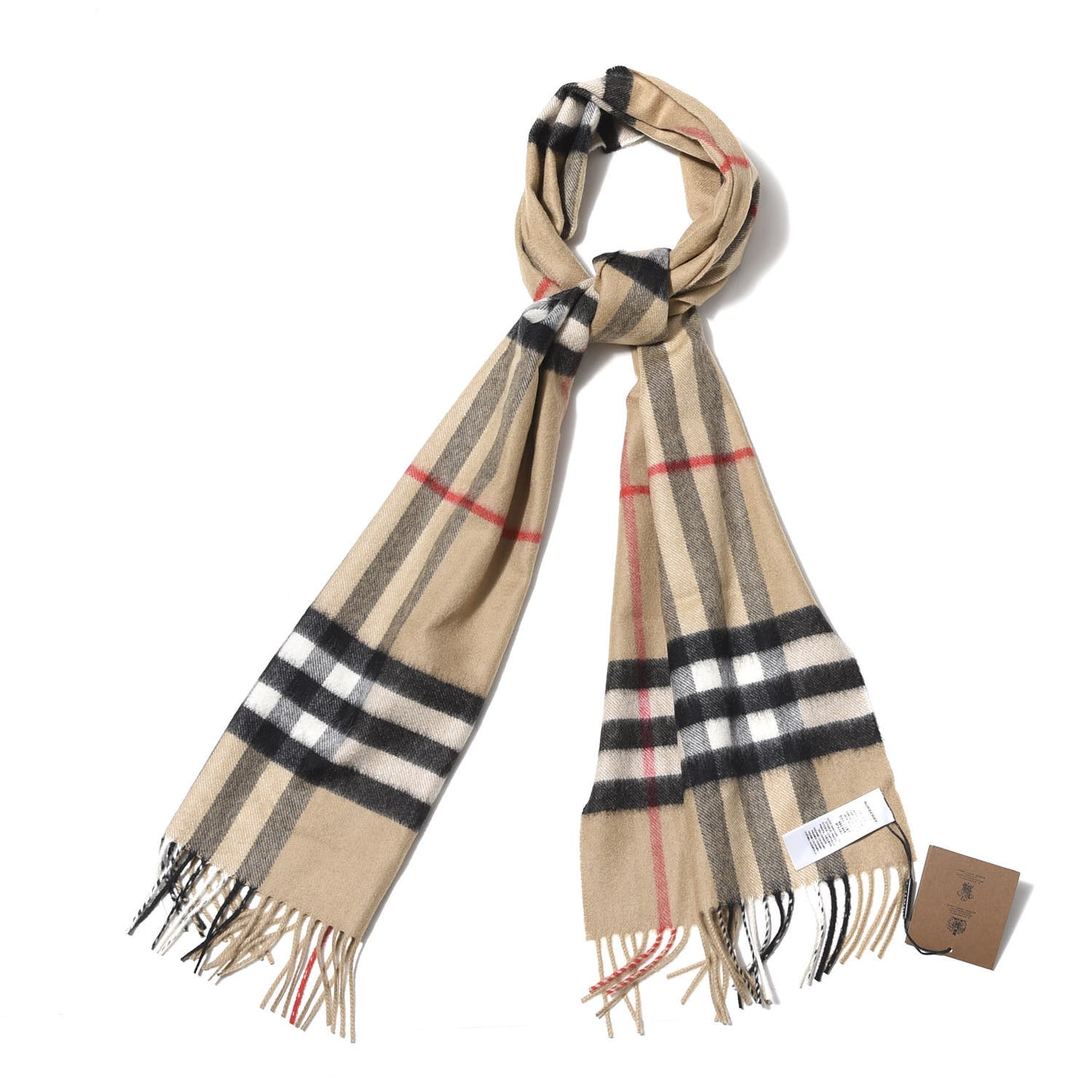 Cashmere Giant Check Fringe Scarf Archive Beige