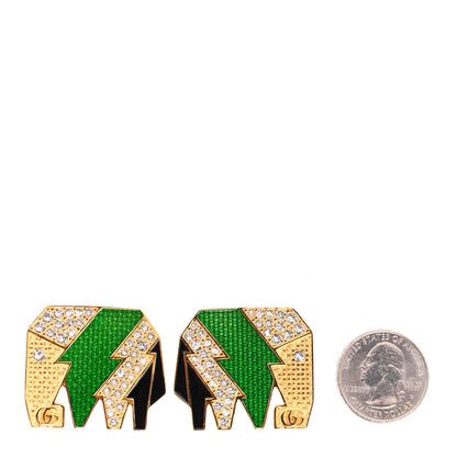 Gucci Metal Crystal Elephant Motif Clip On Earrings Green Gold 2 of 4