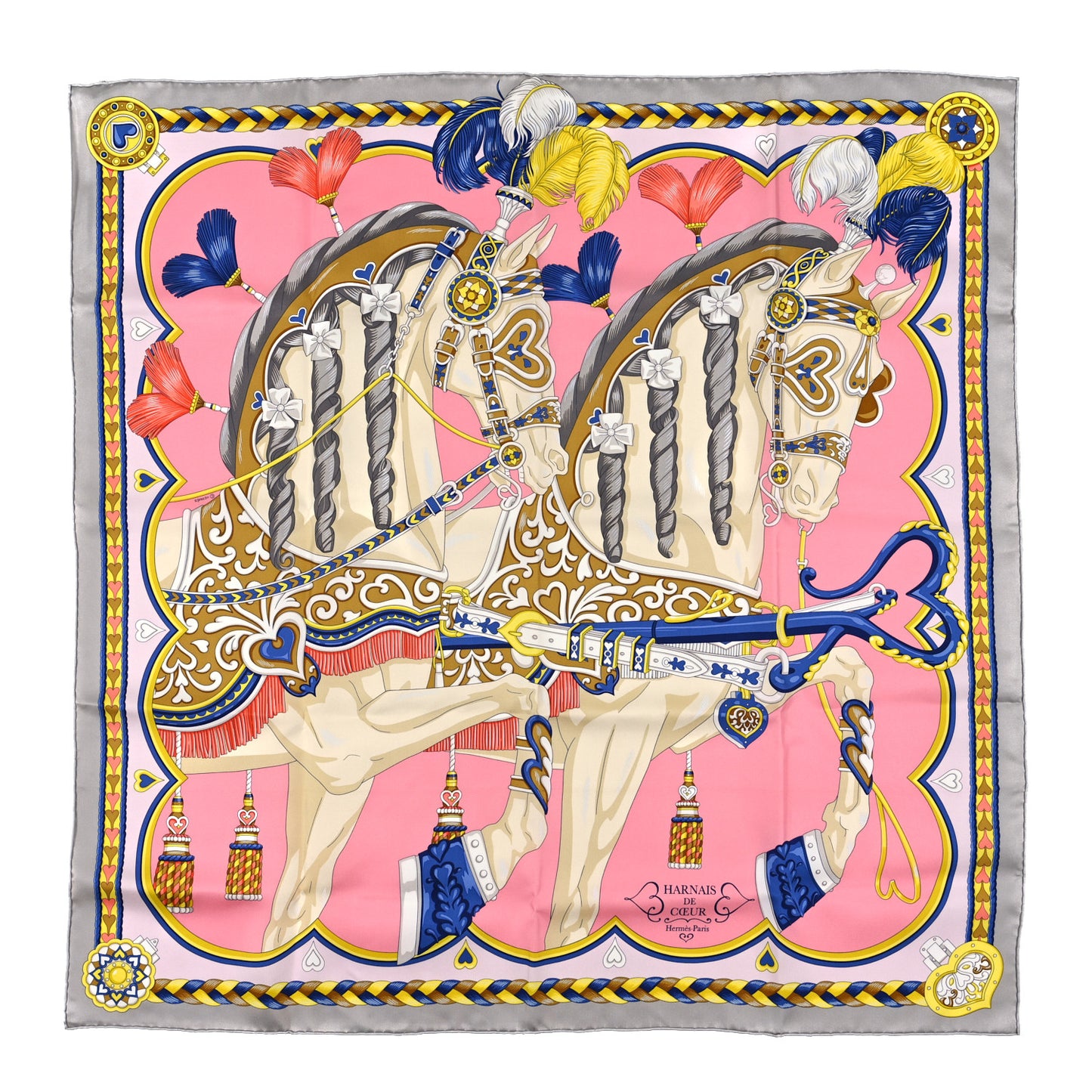 Silk Harnais De Cour Scarf 90 Gris Perle Rose Bonbon Bleu