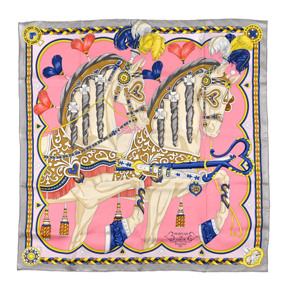 Hermes Silk Harnais De Cour Scarf 90 Gris Perle Rose Bonbon Bleu 1 of 3