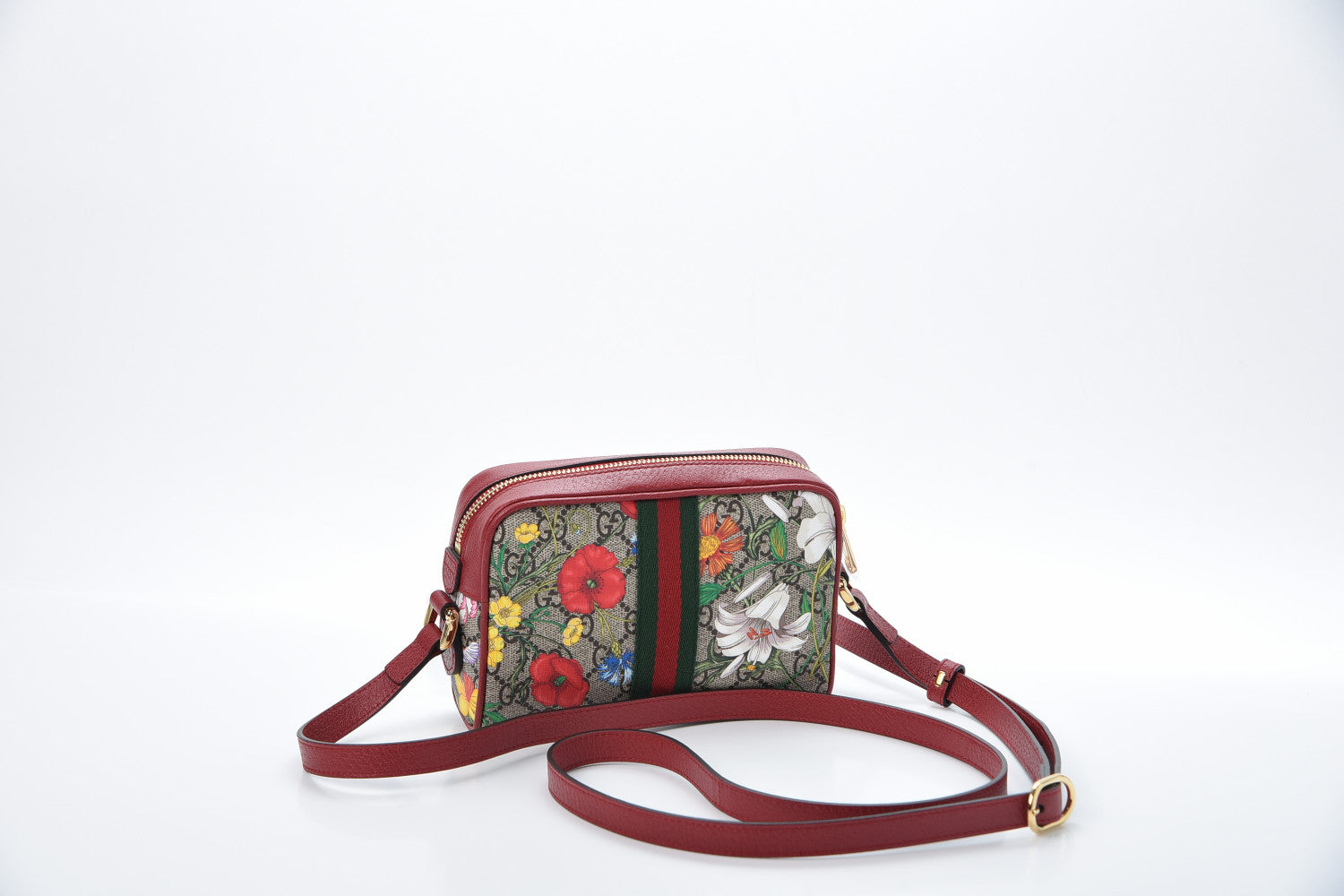 Gucci GG Supreme Monogram Flora Web Mini Ophidia Shoulder Bag Red 3 of 20