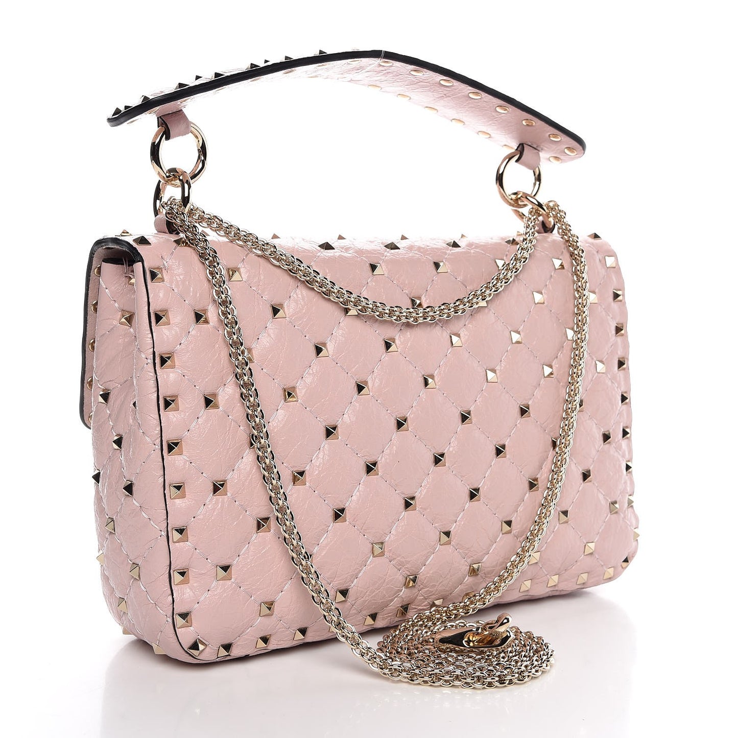 Craquele Nappa Medium Rockstud Spike Shoulder Bag Water Rose