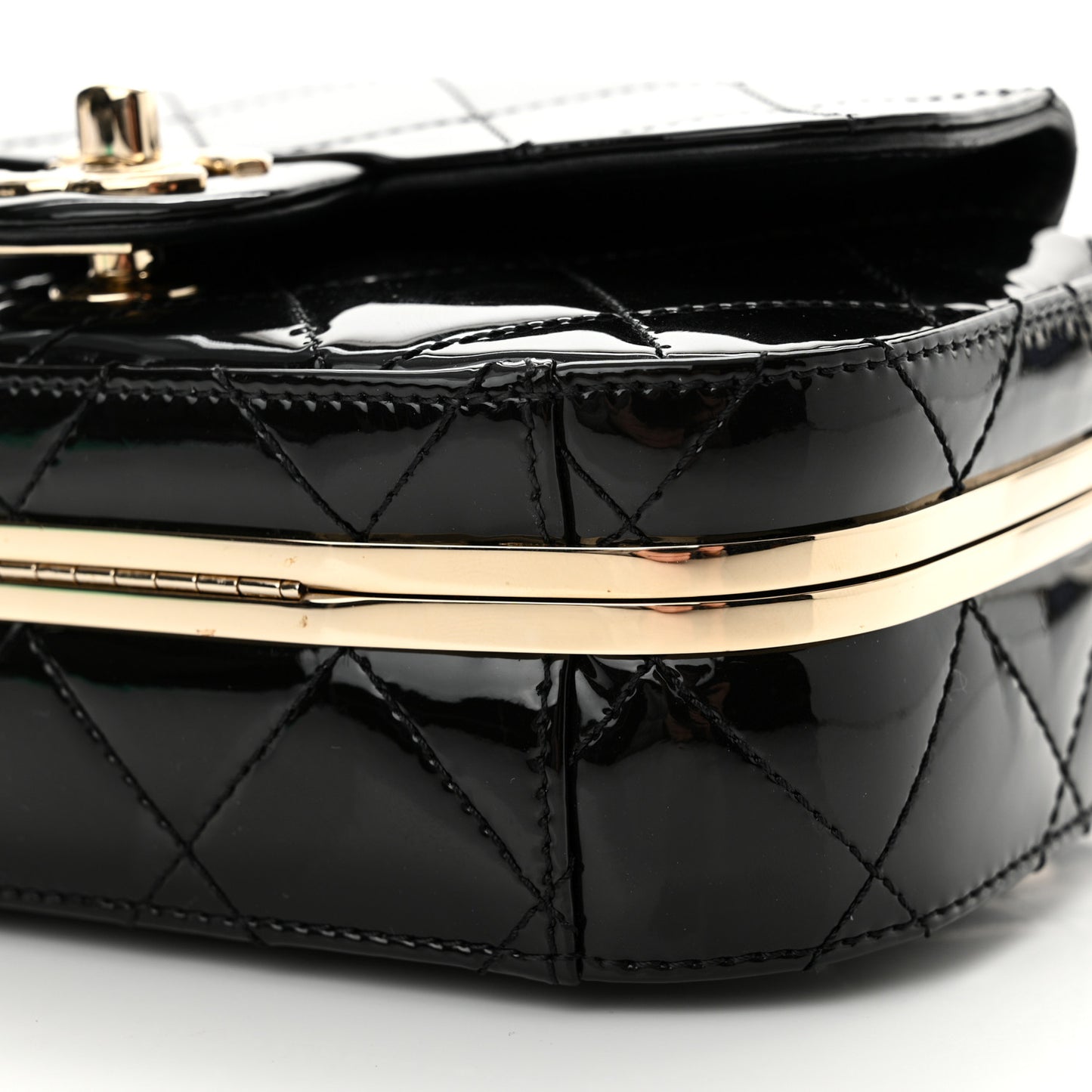 Patent Calfskin Quilted Mini Camera Case Black