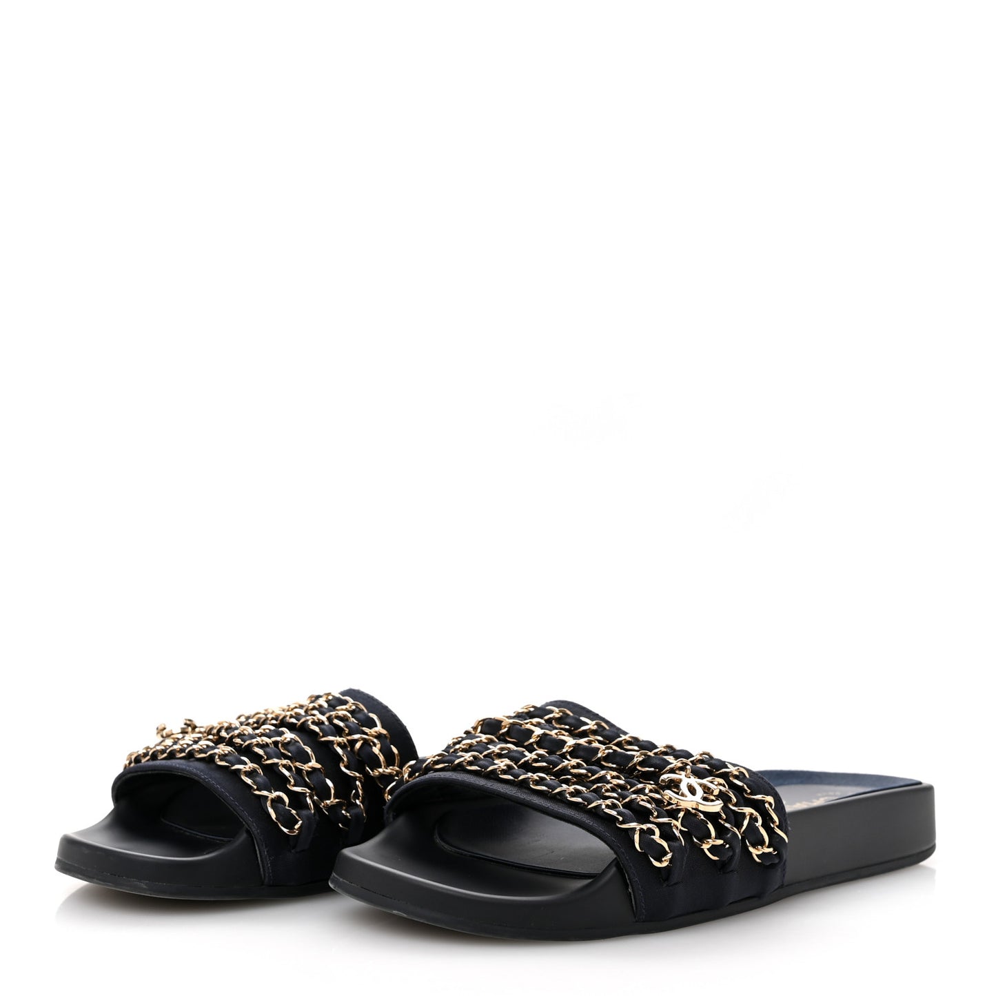 Satin Canvas Chain Slides Sandals Flats 38 Marine