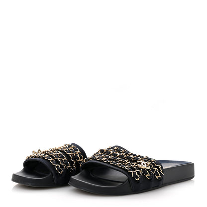 Chanel Satin Canvas Chain Slides Sandals Flats 38 Marine 4 of 12