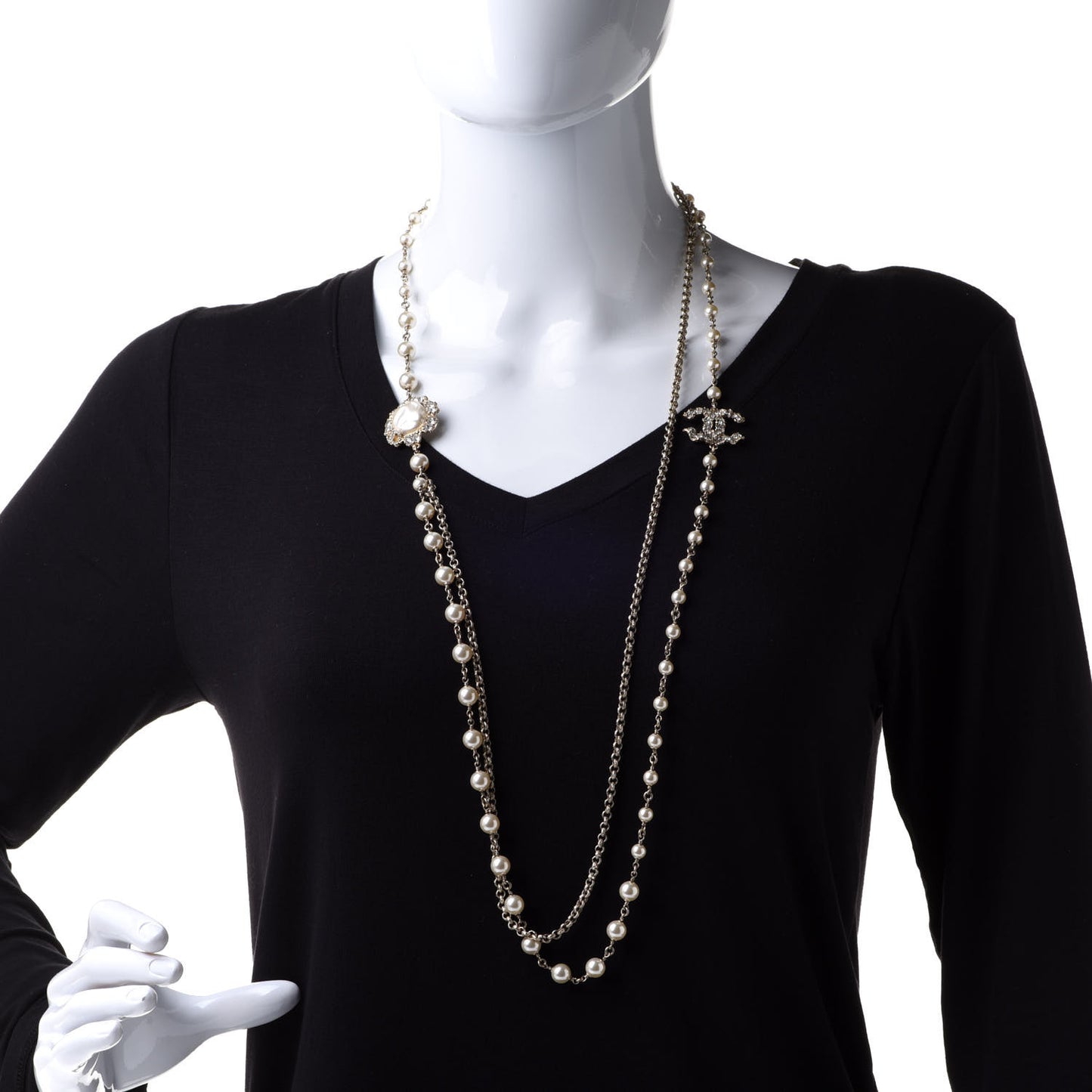 Pearl Crystal CC Camellia Express Long Necklace Gold