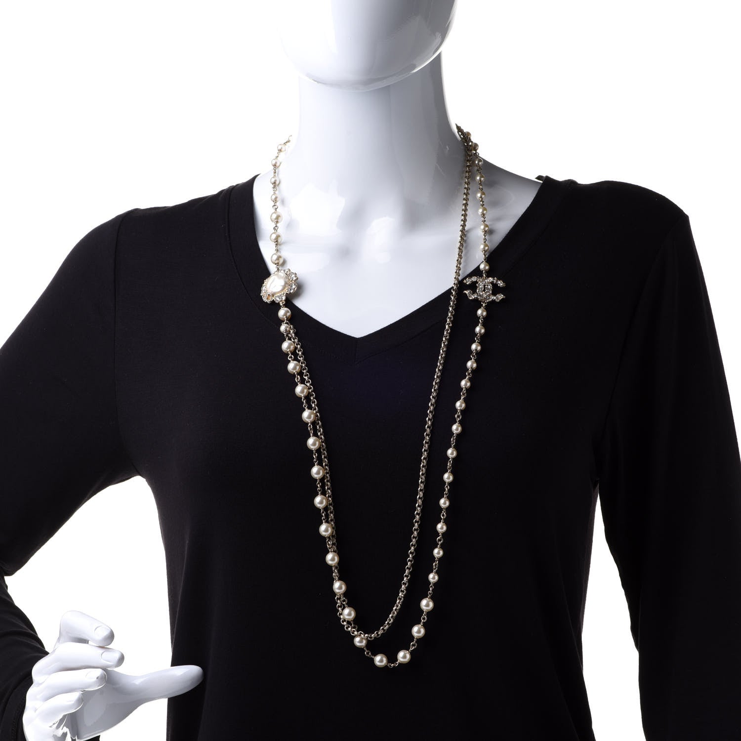 Chanel Pearl Crystal CC Camellia Express Long Necklace Gold 2 of 7