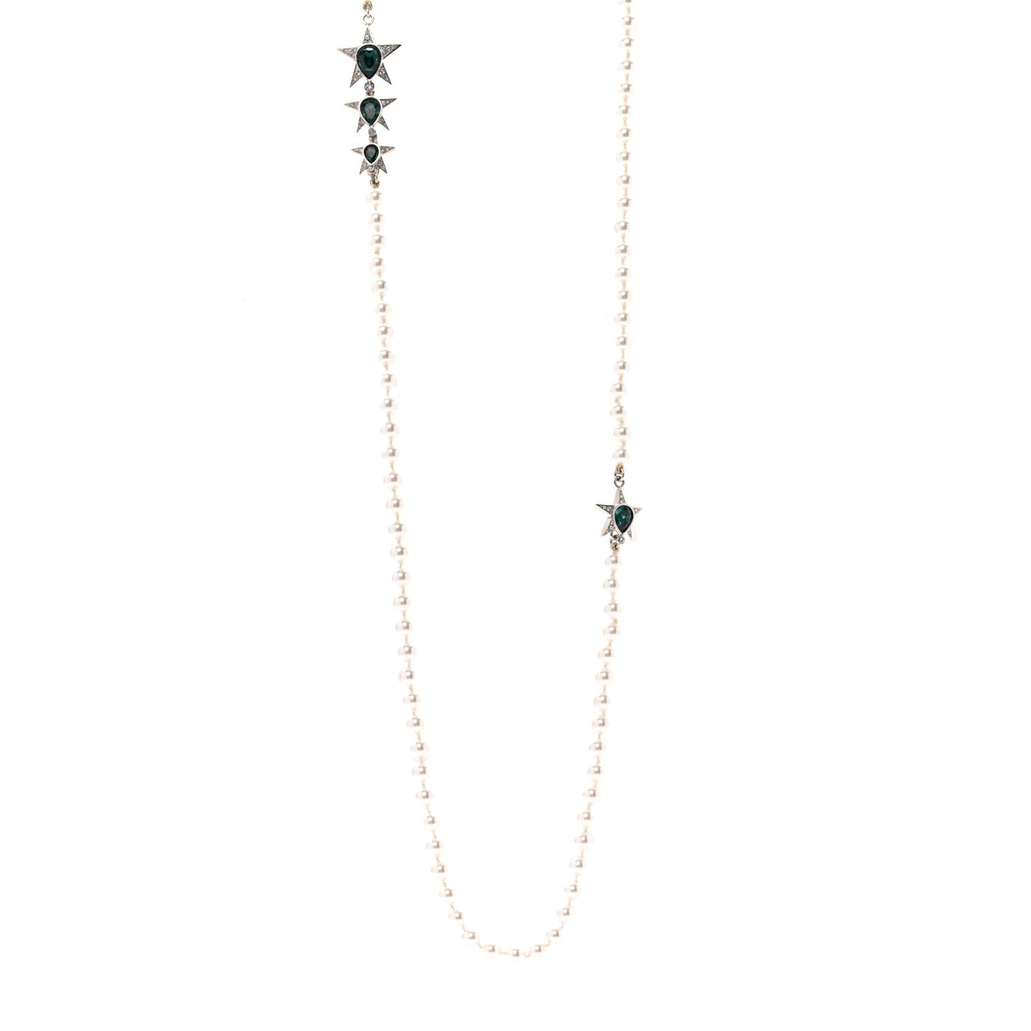 Pearl Star CC Long Necklace Green White Silver