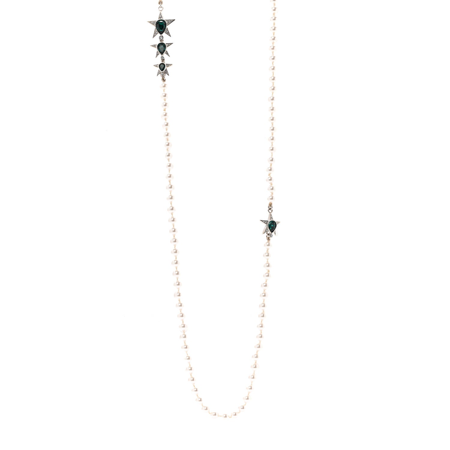 Chanel Pearl Star CC Long Necklace Green White Silver 1 of 6