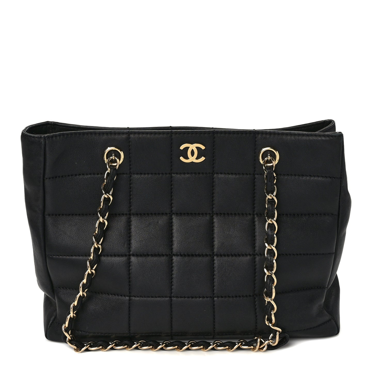 Calfskin Stitched Chocolate Bar Shopping Tote Black