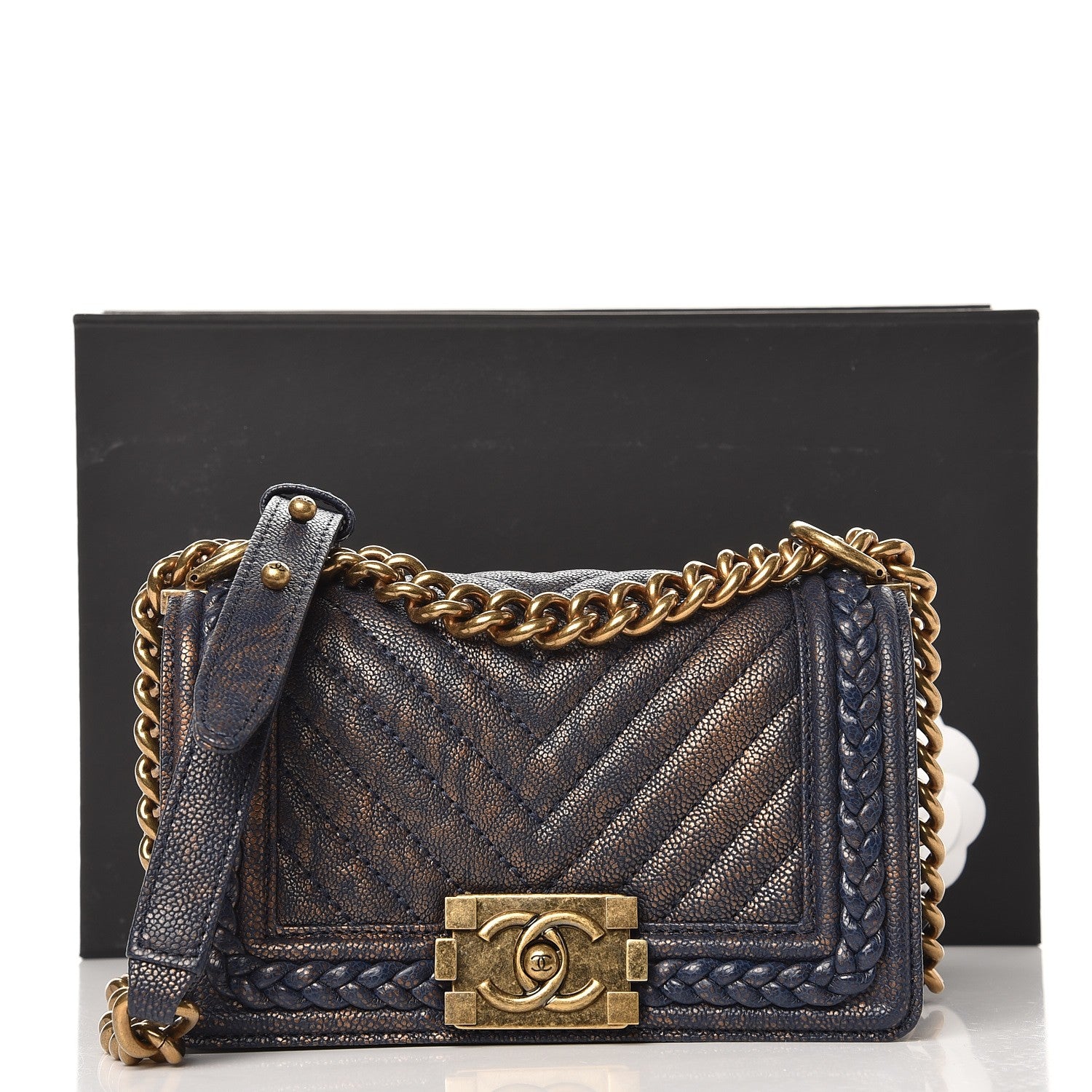 Chanel Patinated Caviar Chevron Braided Small Boy Flap Navy Blue 8 of 8