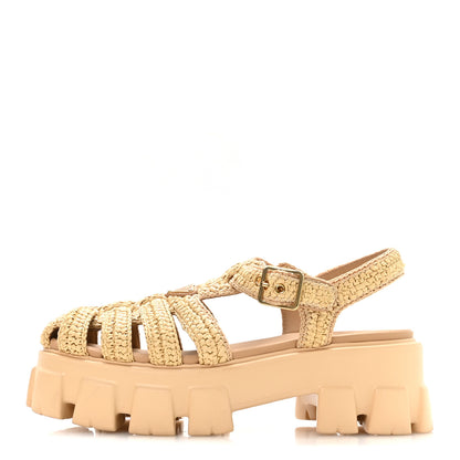 Prada Yarn Raffia Effect Metal Triangle Logo Crochet Monolith 55mm Cage Sandals 40 Naturale 1 of 7