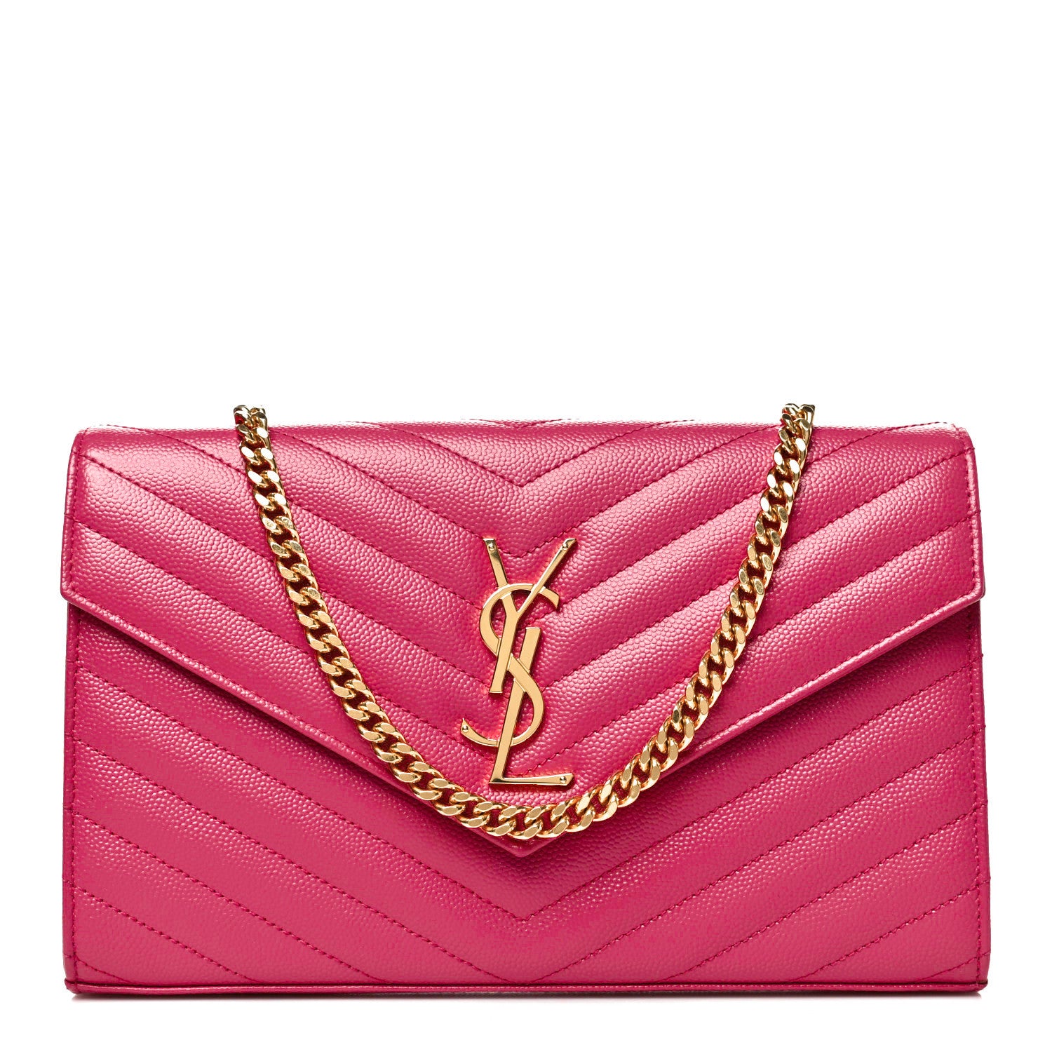 Saint Laurent Grain De Poudre Matelasse Chevron Monogram Chain Wallet Fuxia Couture 1 of 11