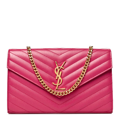 Saint Laurent Grain De Poudre Matelasse Chevron Monogram Chain Wallet Fuxia Couture 1 of 11