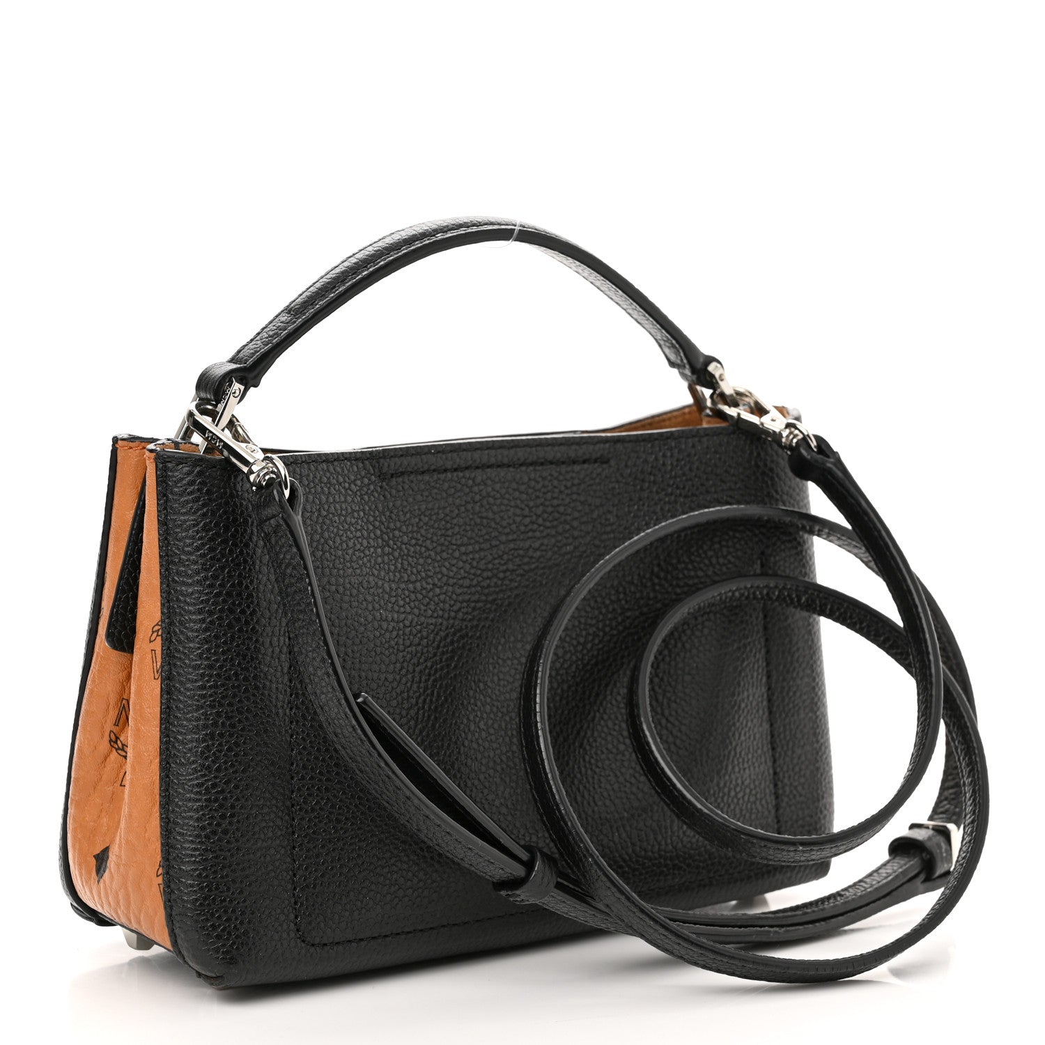 MCM Grained Calfskin Visetos Top Handle Crossbody Cognac Black 3 of 10