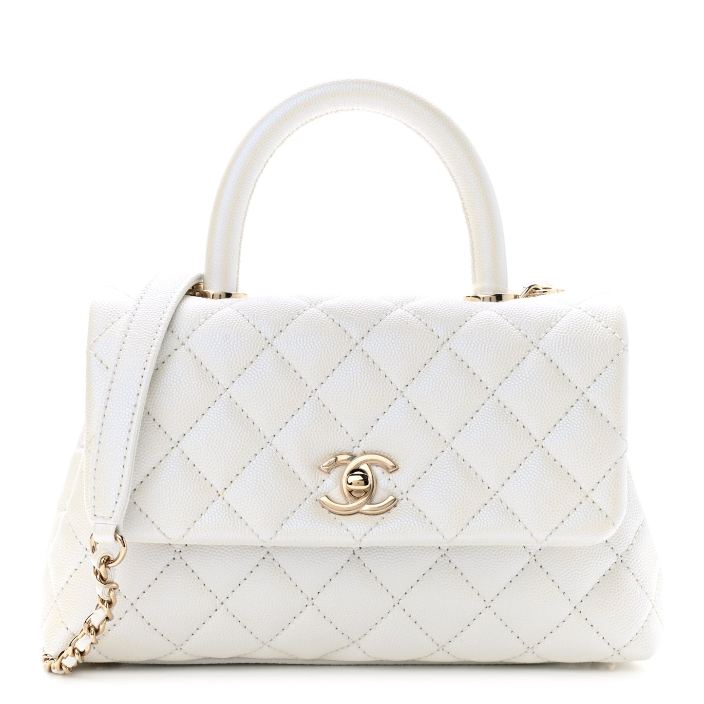 Iridescent Caviar Quilted Mini Coco Handle Flap White