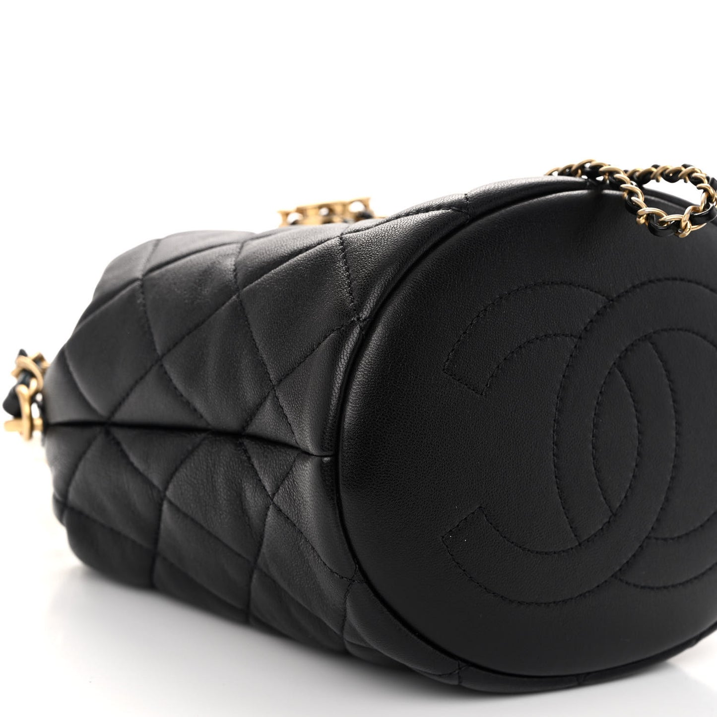 Lambskin Quilted Pearl Crown Drawstring Bag Black