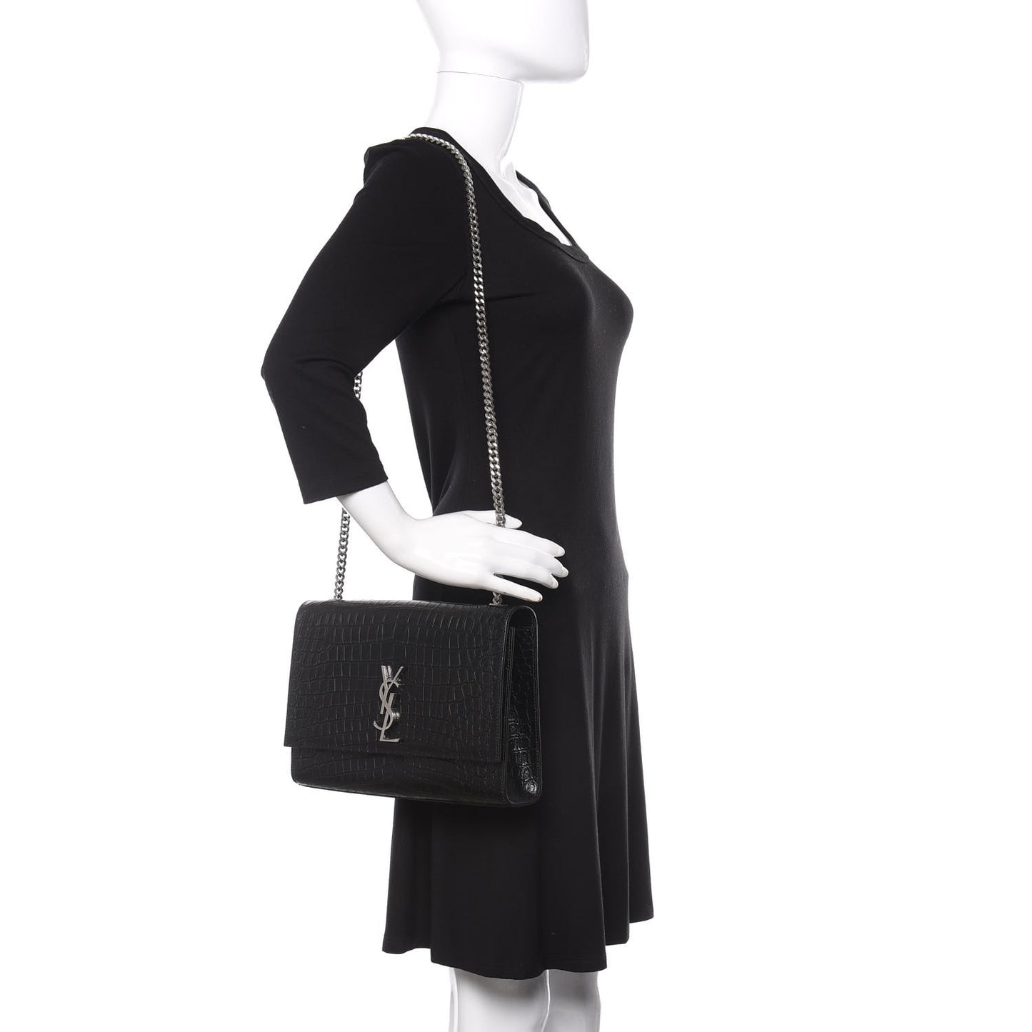 Calfskin Crocodile Embossed Large Classic Monogram Kate Satchel Black