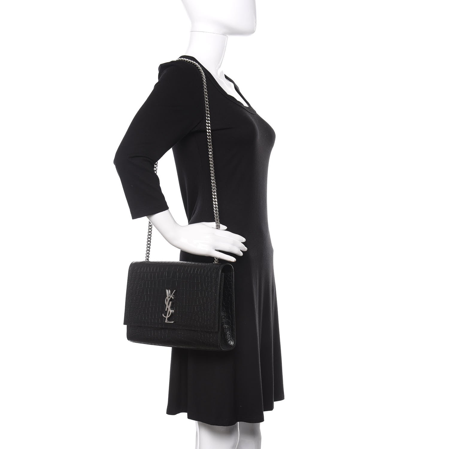 Saint Laurent Calfskin Crocodile Embossed Large Classic Monogram Kate Satchel Black 2 of 9