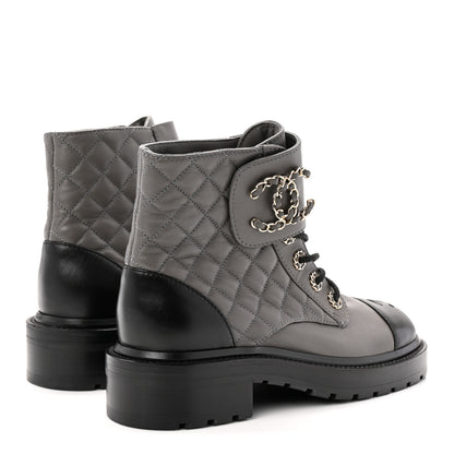 Chanel Shiny Lambskin Quilted Lace Up Combat Boots 37 Grey Black 4 of 11