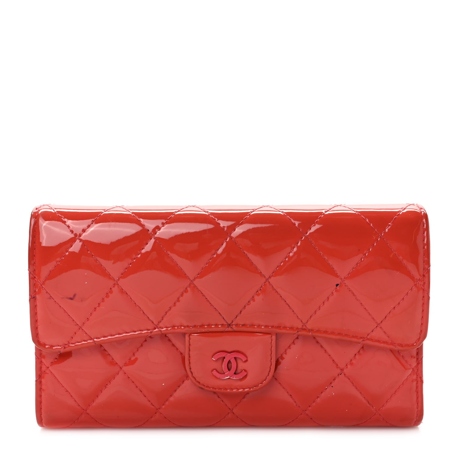 Chanel Patent Quilted Large Flap Wallet Coral 1 of 11