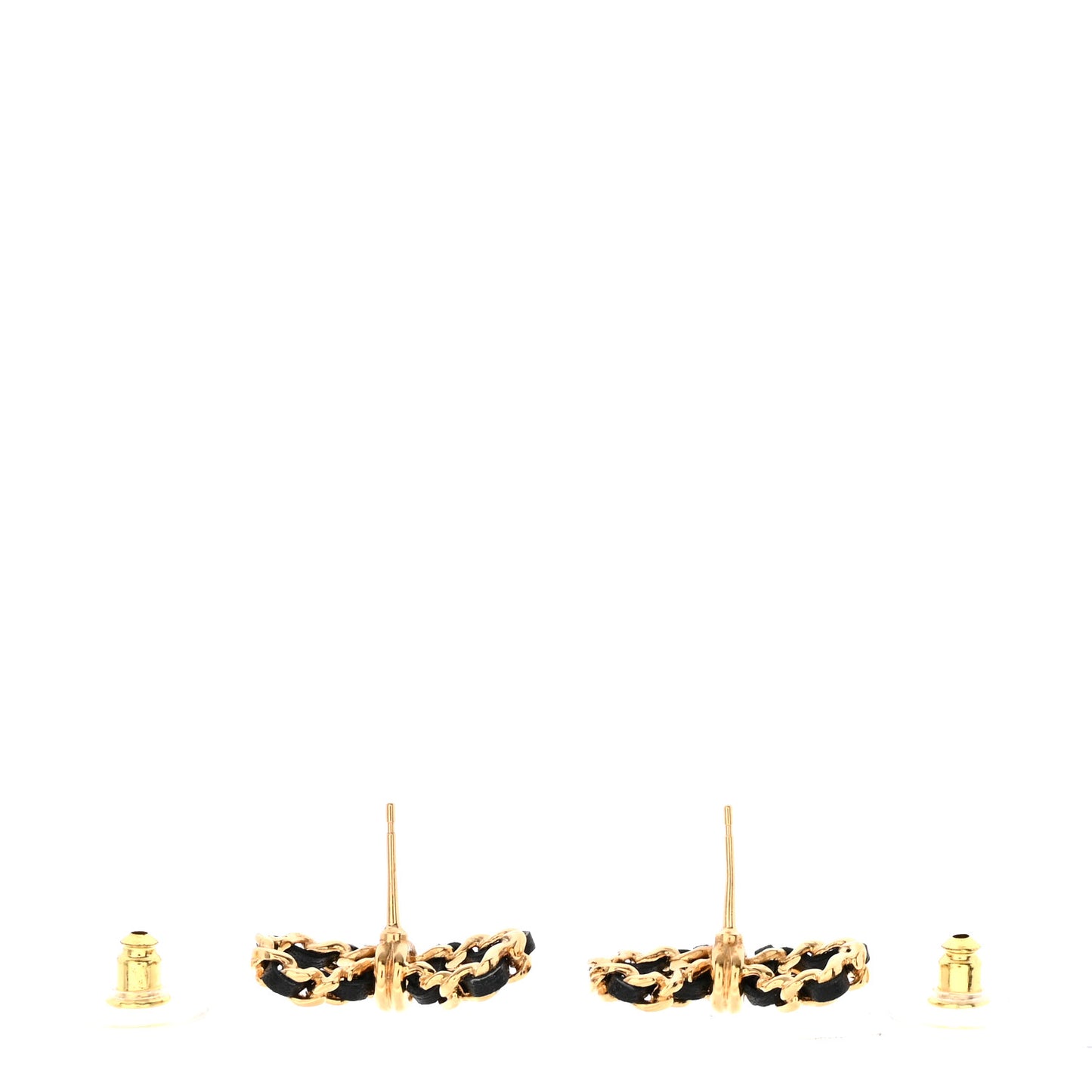 Lambskin Chain Bow Stud Earrings Black Gold