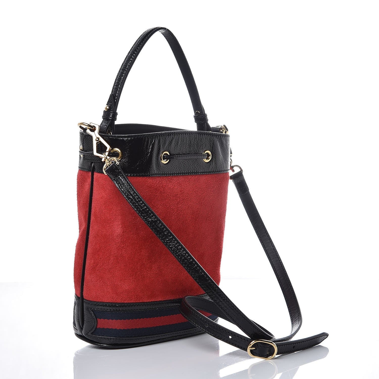 Gucci Suede Patent Web Small Ophidia Bucket Bag Hibiscus Red Black 3 of 8